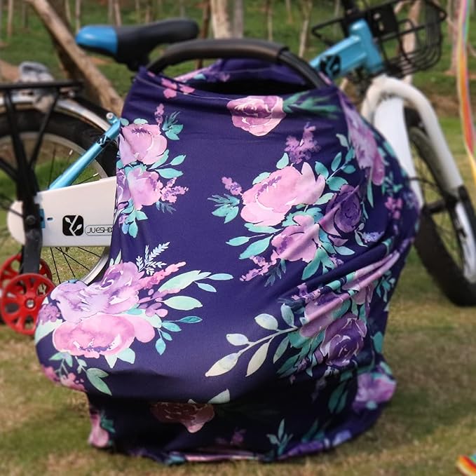 Carseat Cover Girls, Multiuse - Nursing Breastfeeding Covers, Purple Flower Theme, Car seat Canopy, Stretchy Soft Breathable-BubblyBeeBaby