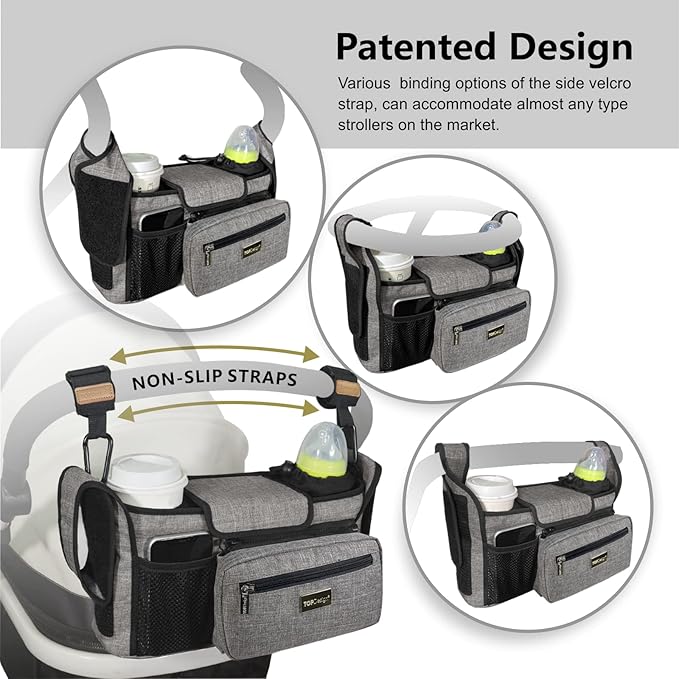 TOPDesign Universal Baby Stroller Organizer, Stroller Caddy with Heightened Insulated Cup Holders & Non-Slip Secure Hooks Accessories, Fits Most Strollers, Machine Washable (Grey)-BubblyBeeBaby
