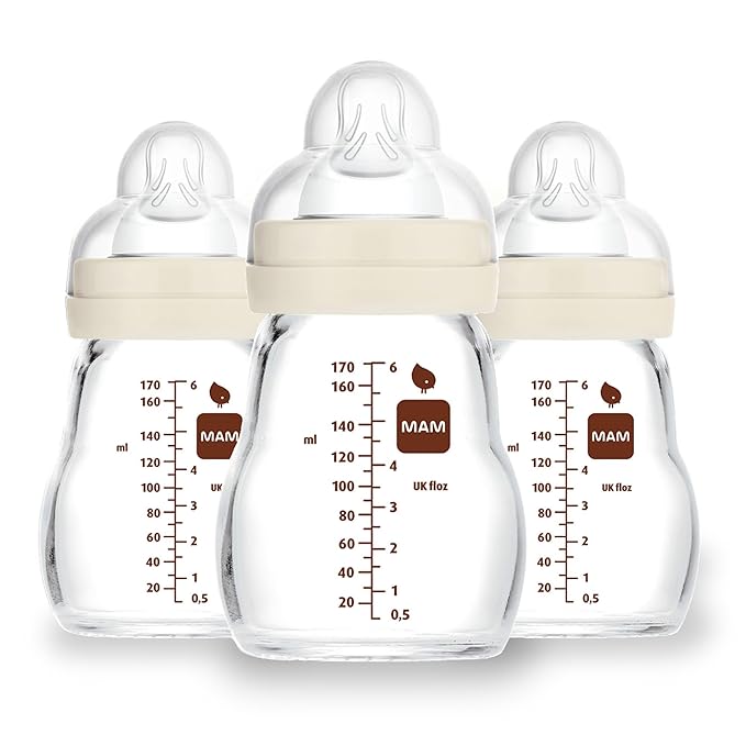 MAM Premium Glass Baby Bottles, Easy Switch Between Breast and Bottle, Feel Good Slow Flow, Newborn Essentials Must Have, 0+ Months, BPA Free, 6oz, Unisex, 3 Pack-BubblyBeeBaby