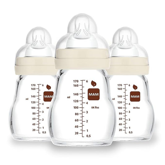 MAM Premium Glass Baby Bottles, Easy Switch Between Breast and Bottle, Feel Good Slow Flow, Newborn Essentials Must Have, 0+ Months, BPA Free, 6oz, Unisex, 3 Pack-BubblyBeeBaby