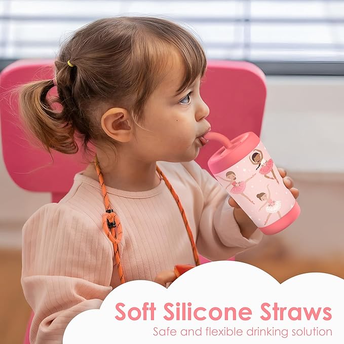 Kid Insulated Stainless Steel Tumbler with Silicone Straw, 12oz Sippy Cup for Kids (Pink Ballerina)-BubblyBeeBaby