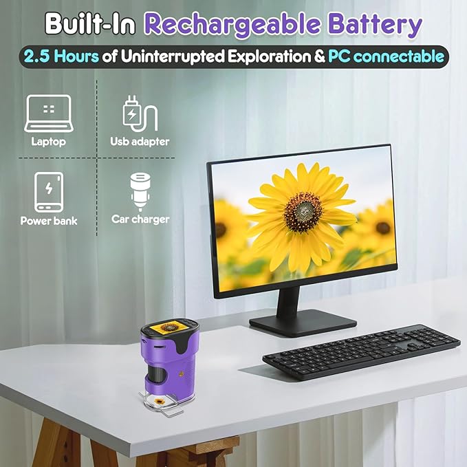 1000X Handheld Microscope for Kids 4K 2.0" Screen Rechargeable Mini Pocket Digital Microscopes w/Slides Kit Portable Edu Gift Age 4-6 8-12 Children Students (Purple)-BubblyBeeBaby