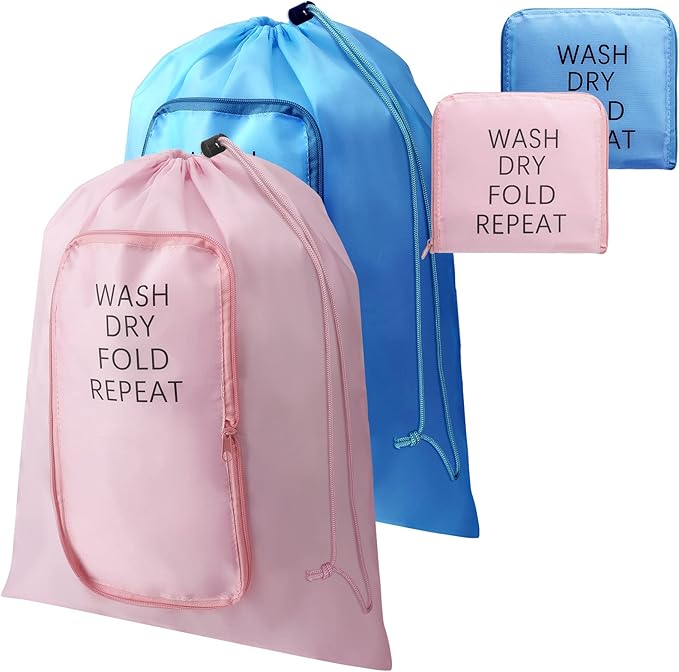 2 Pcs Travel Laundry Bag Washable Dirty Clothes Bag with Drawstring and Zipper for Suitcase, 22 x 18 Inch (Pink, Blue,Classic)-BubblyBeeBaby