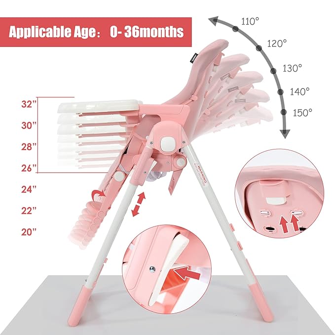 INFANS 4 in 1 High Chair–Booster Seat, Convertible Highchair w/Adjustable Height and Recline,Removable Tray,DetachableCushion, Installation-Free,Simple Fold for Baby, Infant& Toddler (Pink)-BubblyBeeBaby