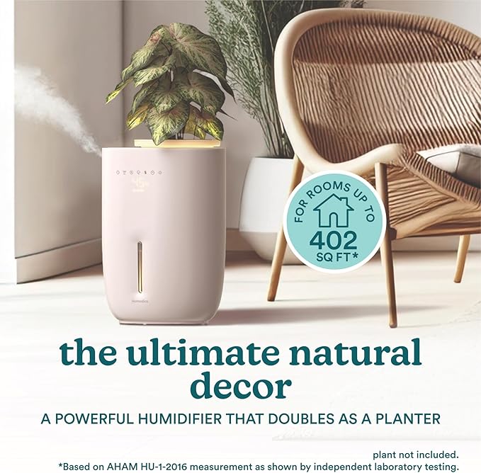 Homedics Natura Ultrasonic Warm & Cool Mist Humidifier, 1.3-Gal for Large Rooms, 60-Hr Runtime, Plant Holder, Programmable Humidity, Auto Shutoff, Nightlight Small Plant Compatible(Plant Not Included)-BubblyBeeBaby