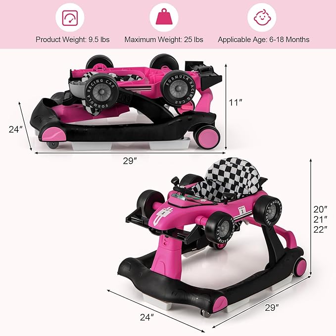 HONEY JOY 4-in-1 Baby Walker, Activity Push Walker w/3 Adjustable Heights, Smooth Wheels w/Adjustable Speed, Padded Seat, Music & Light, Foldable Car Walker for Baby Boys Girls Age 6 Months+ (Pink)-BubblyBeeBaby
