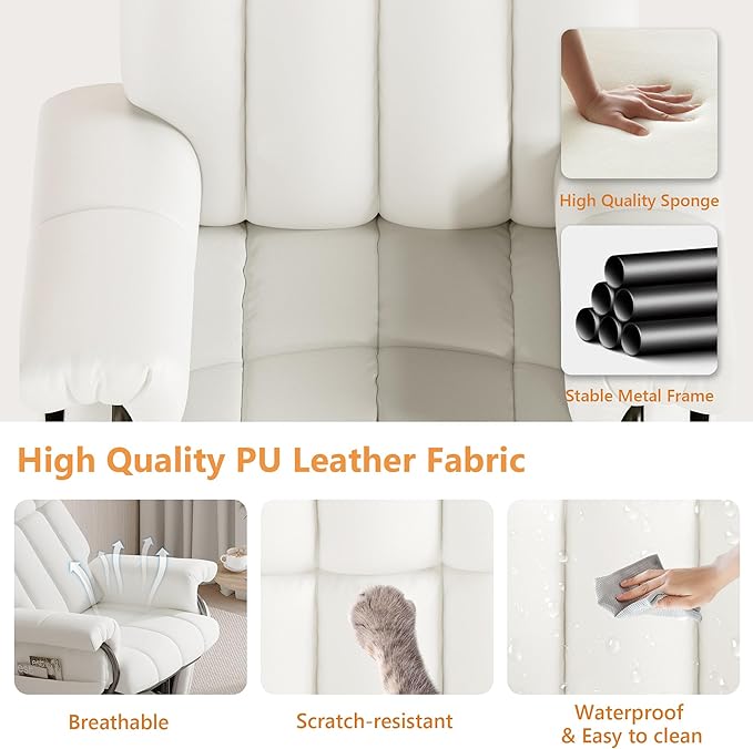 JIASTING 360° Swivel Leather Recliner Chair with Ottoman & Double Side Pockets, Nursing Glider Rocking Recliner Chair, Gliding Chairs for Nursery, Living Room, Office, Bedroom, Metal Frame (White)-BubblyBeeBaby