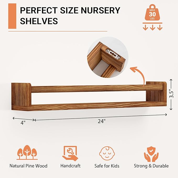 Heimlove 24 Inch Nursery Floating Shelves, Nursery Book Shelves for Wall, Wall Bookshelf for Kids Solid Wood Wall Mounted Shelves for Books,Toys and Decor Storage, Set of 2-BubblyBeeBaby