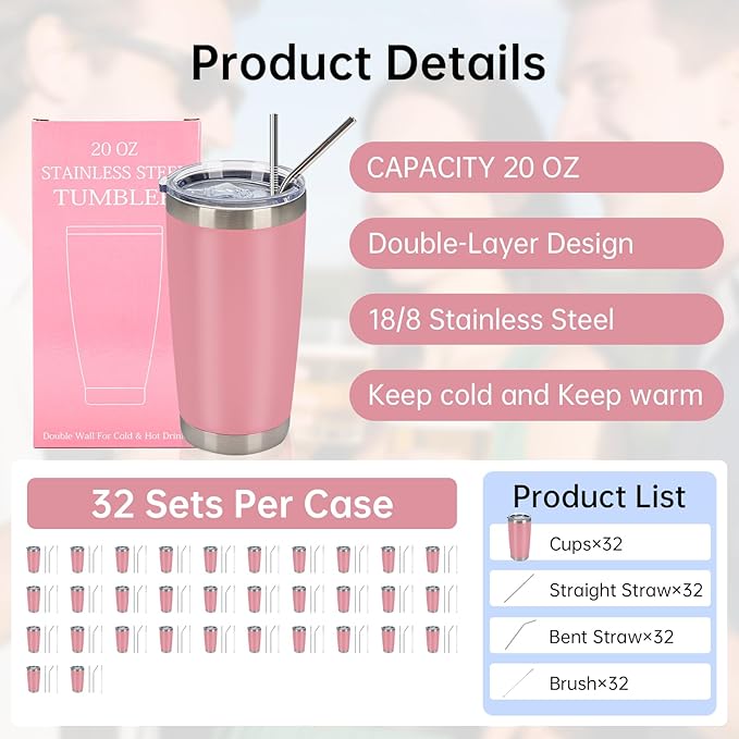 IEOVIEE 32 Pack 20oz Stainless Steel Bulk Tumblers with Lids and Straws Double Wall Insulated Travel Mug Durable Powder Coated Tumbler Bulk Cup for Cold and Hot Drinks(Pink)-BubblyBeeBaby