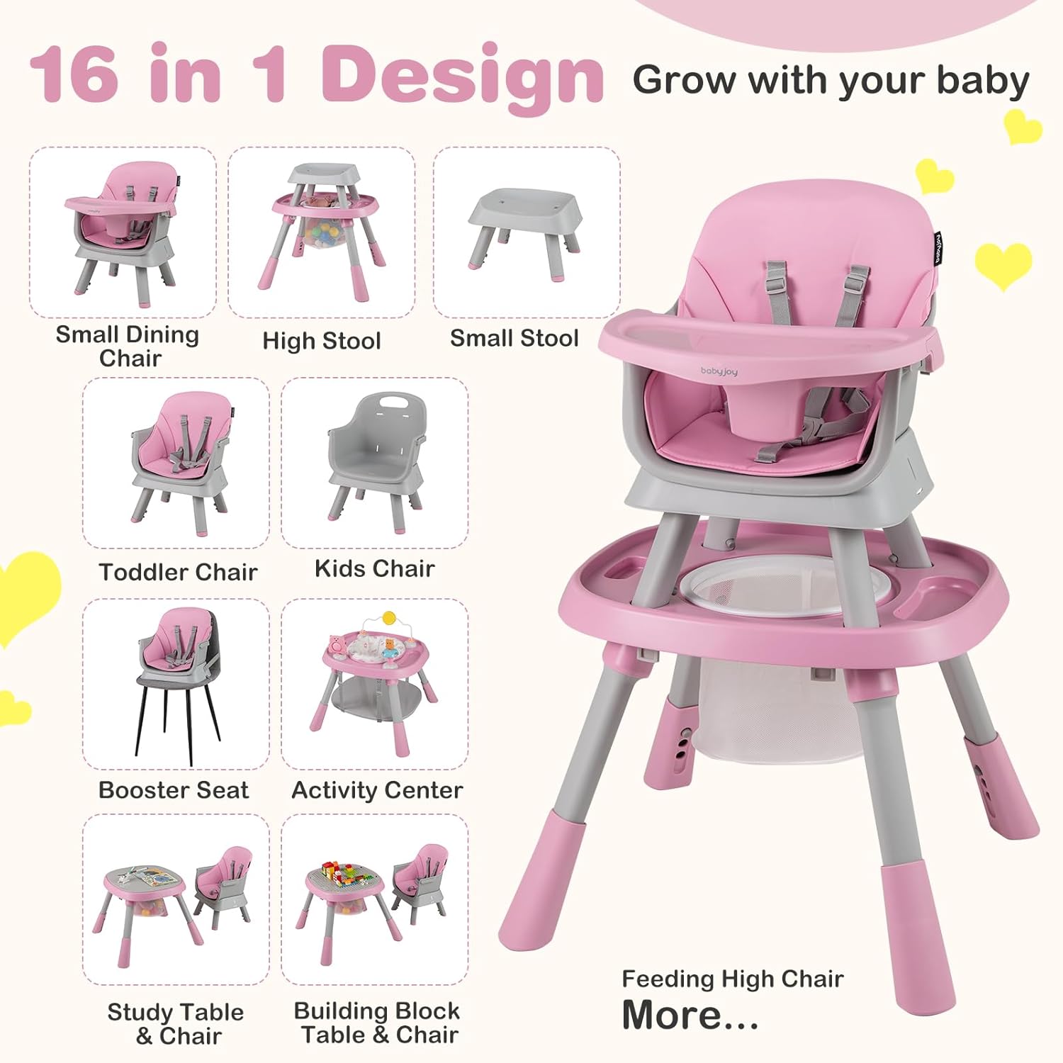 BABY JOY 16 in 1 High Chair, Convertible Baby Highchair for Babies and Toddlers with Activity Center, Booster Seat, Building Block Table, Toddler Chair with Safety Harness, Removable Tray (Pink)