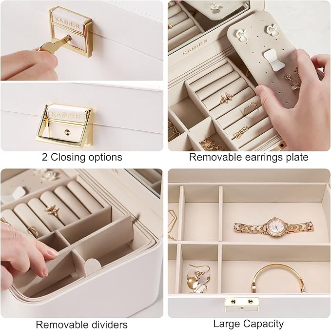 KAMIER Travel Jewelry Box, 2 Layers PU Leather Portable Jewelry Organizer, Large Capacity, Double Lock and Large Mirror, Hidden Necklace Hooks, Removable Dividers, Gift Box Packaging, White-BubblyBeeBaby