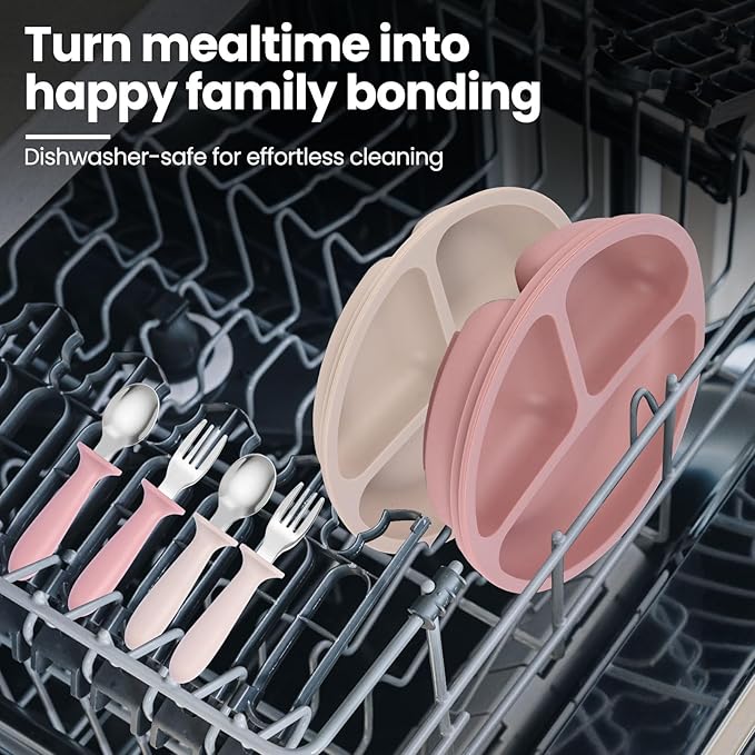 2 Pack Silicone Divided Baby Plates with Suction, 2 Pack Toddler Forks and Spoons Set, BPA Free, Baby Feeding Set for Toddler Utensils, Microwave and Dishwasher Safe-BubblyBeeBaby