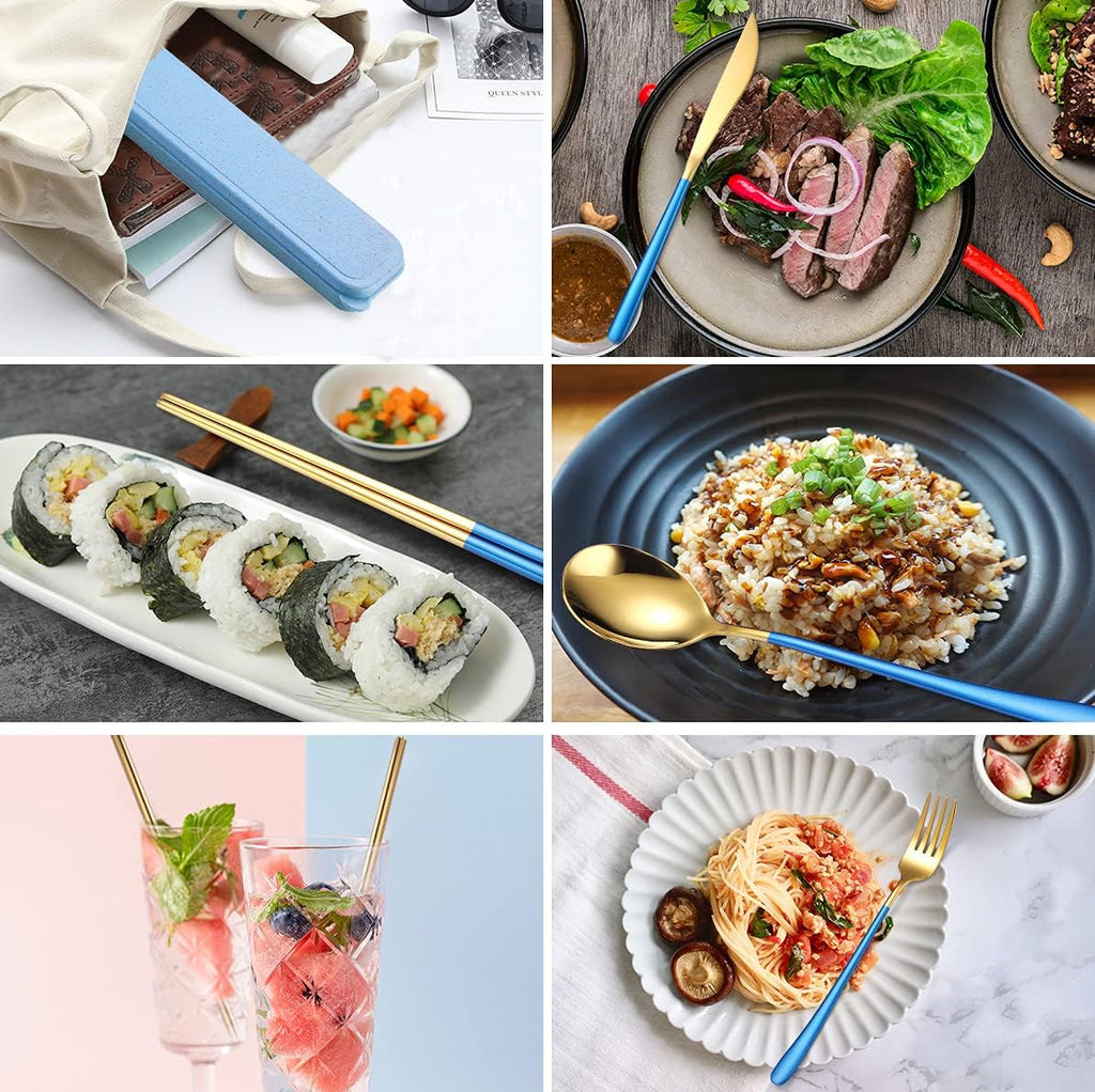 AARAINBOW 6 Pieces 18/8 Stainless Steel Flatware Set Portable Reusable Cutlery Set Travel Utensils Set Including Chopsticks Knife Fork Spoon Straws Cleaning Brush Dishwasher Safe (Blue golden)