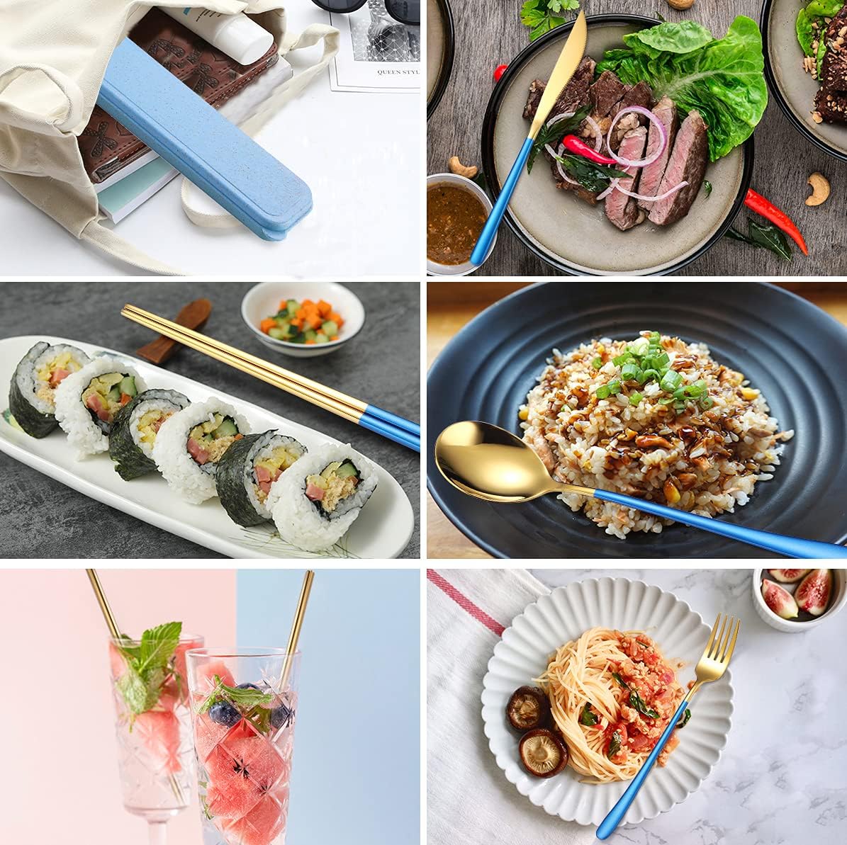 AARAINBOW 6 Pieces 18/8 Stainless Steel Flatware Set Portable Reusable Cutlery Set Travel Utensils Set Including Chopsticks Knife Fork Spoon Straws Cleaning Brush Dishwasher Safe (Blue golden)