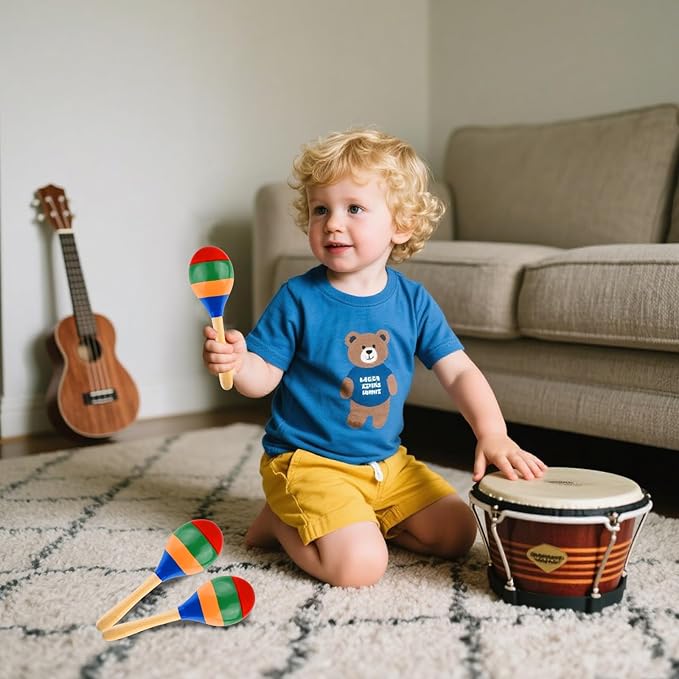 2 Pcs Maracas Hand Percussion Rattles, PLULON Colorful Wooden Maracas Rumba Shakers Rattle Latin Musical Instrument for Kids Adults Game Playing, Mexican Fiesta Cinco De Mayo Party Favors Supplies-BubblyBeeBaby