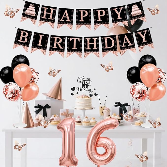16th Birthday Decorations for Girls - 56pcs Rose Gold Happy 16th Banner, 16th Birthday Crown Sash, Cake Topper, Number 16 balloons, 3D Butterflies, 4 Balloon Stands kits-BubblyBeeBaby