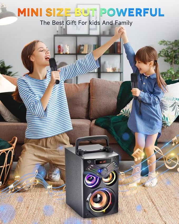 Karaoke Machine,Portable Bluetooth Karaoke Speaker with 2 Wireless Microphone for Adults Kids,with 20W(Peak) Speaker,Handle &RGB Lights,Supports TF Card/USB/Aux in/TWS,for Home,Party-BubblyBeeBaby