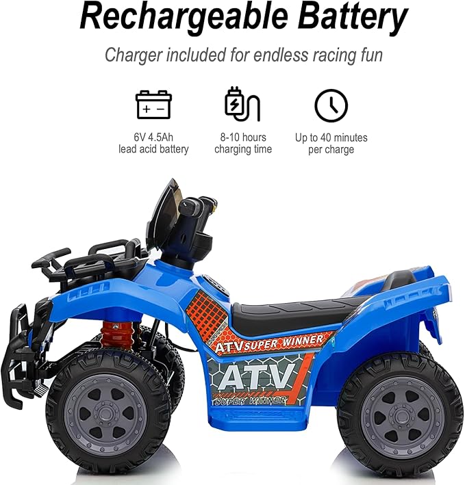 Kids ATV 4 Wheeler, 6V Ride-On Toy for Toddlers 1-3 Boys & Girls with Music, Forward & Reverse - Blue-BubblyBeeBaby