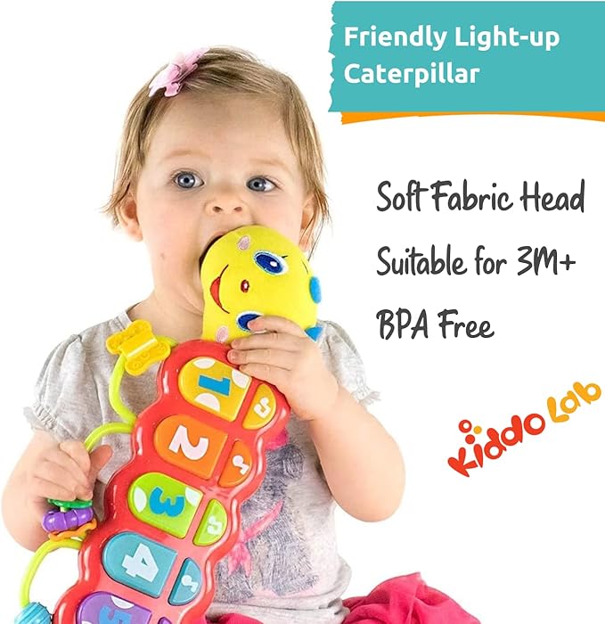 KiddoLab Lira Baby Musical Toy with Lights & Music – Interactive Caterpillar Spinner & Stacking Rings for Infants 3+ Months – Soft Stuffed Animal Head for Sensory Play-BubblyBeeBaby