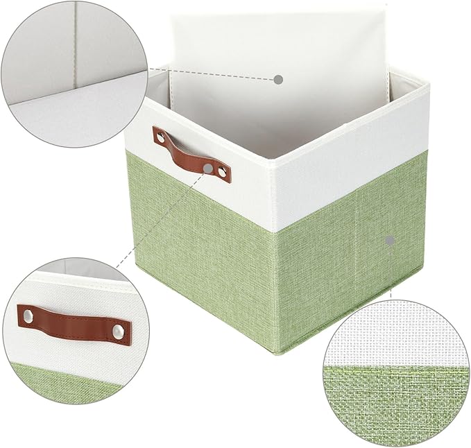 HNZIGE Fabric Cube Storage Bins 13x13 Set of 4 Canvas Storage Baskets for Shelves Collapsible Storage Bins for Organizing Clothes Closet Toy Nursery Cubby(Green&White)-BubblyBeeBaby