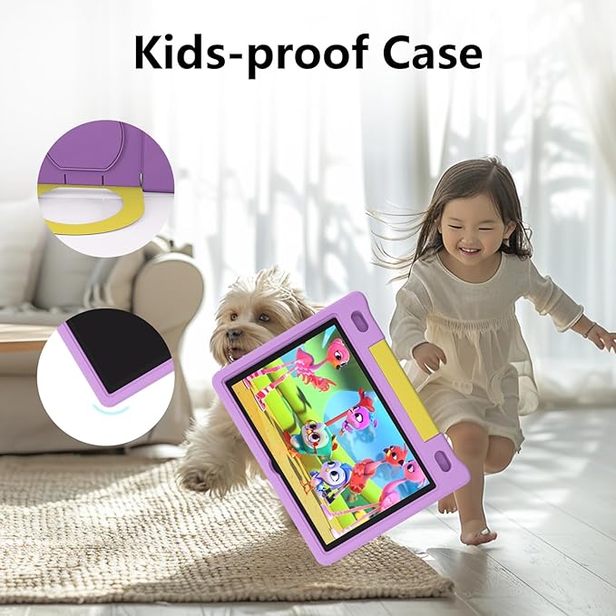 JREN Kids Table 10.1" ｜Android 14 Tablet for Kids｜64GB Storage｜Octa-Core｜WiFi ｜Cameras｜Parental Control｜Kids Content｜Case Included Great Gift for Children Ages 3-12 Years Old Purple-BubblyBeeBaby