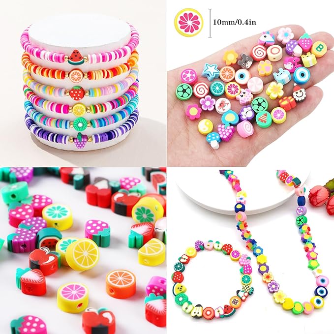 1000PCS Polymer Clay Beads Bracelet Making kit, 24 Style Cute Fun Beads Fruit Flower Animal Cake Butterfly Heart Beads Charms for Jewelry Necklace Earring Making DIY Accessories for Women Girls-BubblyBeeBaby