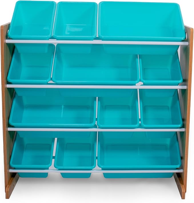 Humble Crew Kids Toy Storage Organizer with 12 Plastic Bins, Natural Wood/Aqua – Removable Bins for Playroom, Bedroom, Toddler Furniture for Boys and Girls Ages-BubblyBeeBaby
