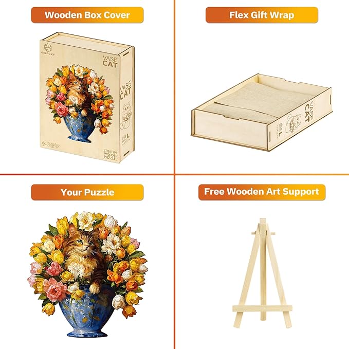 Jigfoxy Wooden Puzzles for Adults, The Vase Cat Wood Puzzles Adult, Unique Animal Shape Wooden Jigsaw Puzzles for Adults, Birthday Gifts for Puzzle Lovers, Family, Friend (S-7.4 * 7.7in-86pcs)-BubblyBeeBaby