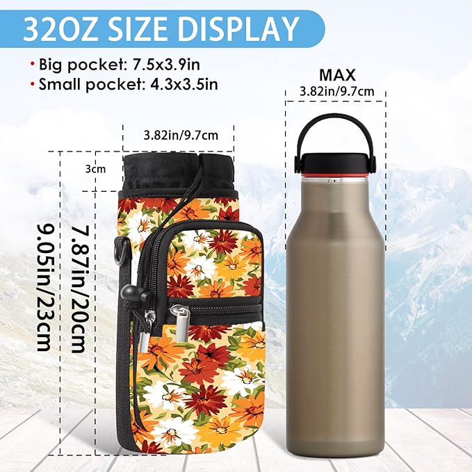 25/32/40/64oz Water Bottle Bag Holder Carrier-Insulated Crossbody Sling Case Sleeve with Strap & Pockets for Men Women Gym Cycling Travel Walking Hiking Camping-BubblyBeeBaby
