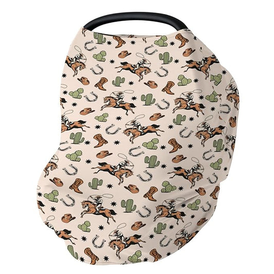 Country Western Car Seat Cover for Baby Cowboy Hat Boots Horse Cactus Stretchy 5-in-1 Covers Adjustable Car Canopy Breastfeeding Cover Wild West Desert Breathable Nursing Cover-Up-BubblyBeeBaby