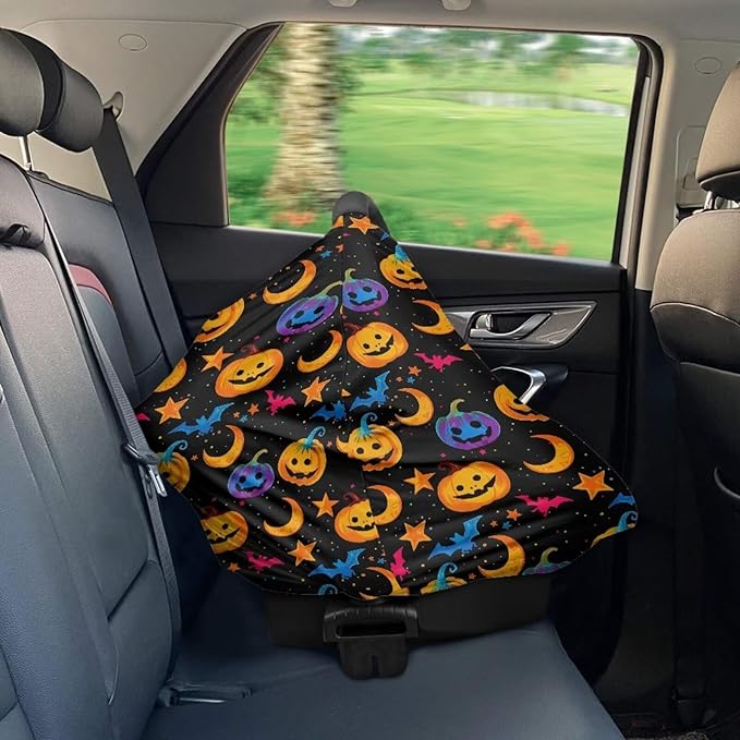 Binienty Galaxy Pumpkin Bats Moon Car Seat Covers for Babies, Halloween Decoration,Halloween Pumpkin Nursing Cover Breastfeeding Scarf, Stretch Baby Carseat Canopy-BubblyBeeBaby