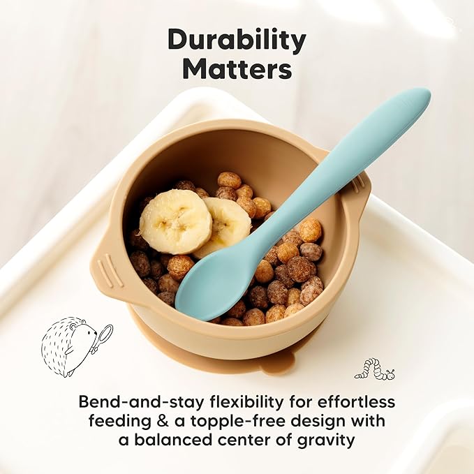 KeaBabies Silicone Baby Spoons, Self Feeding 6-12 months - 3-Pack Baby Weaning Eating Utensils,Toddler First Food Training Spoon,Infant,Kids Feeding Supplies Essential Set,Dishwasher-safe (Pastel Sky)-BubblyBeeBaby