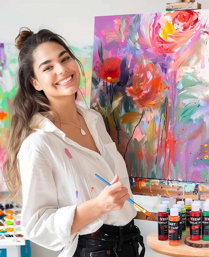 24 Colors Acrylic Paint Set, 2oz Bottles Classic Color, Rich Pigmented Canvas Paint Set, Premium Non-toxic Acrylic Paint for Artists, Kids & Adults, Art Supplies for Canvas Painting Rocks Wood Ceramic Model with 10 Brushes & Palette-BubblyBeeBaby