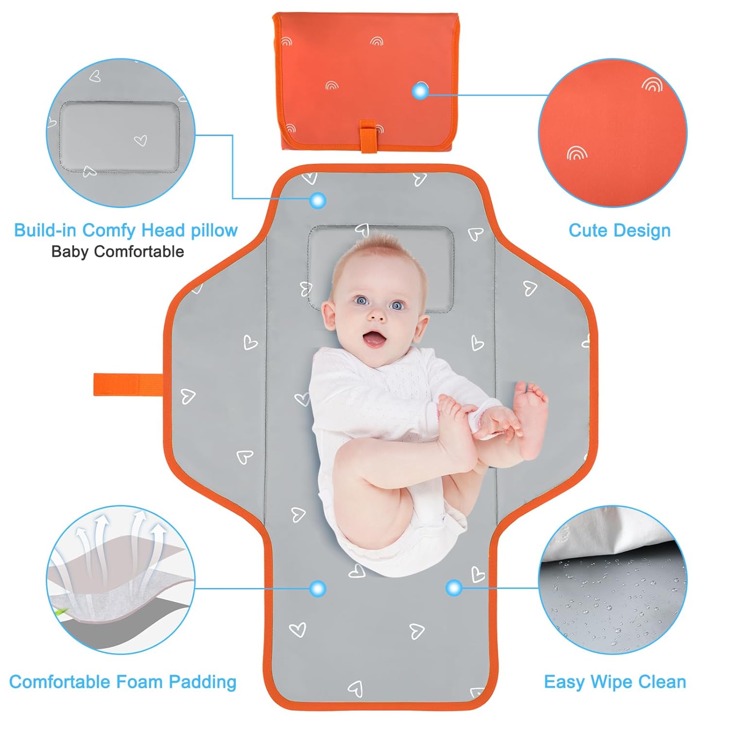 Baby Portable Changing Pad Travel - Waterproof Compact Diaper Changing Mat with Built-in Pillow - Lightweight & Foldable Changing Station, Newborn Shower Gifts