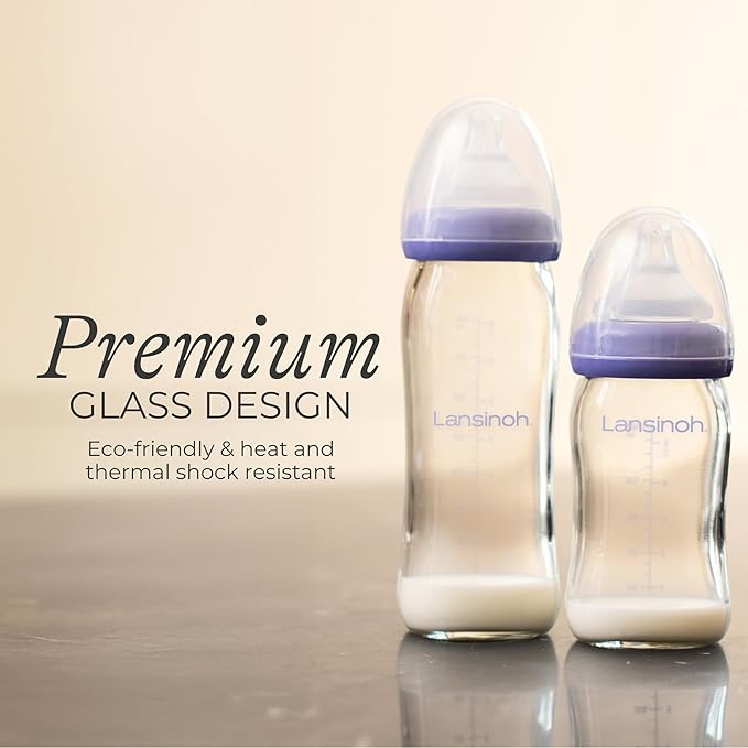 Lansinoh Anti-Colic Glass Baby Bottles, 5 Ounces, 4 Count Bottles for Feeding, Baby Essentials, Includes 4 Slow Flow Nipples, Size S-BubblyBeeBaby