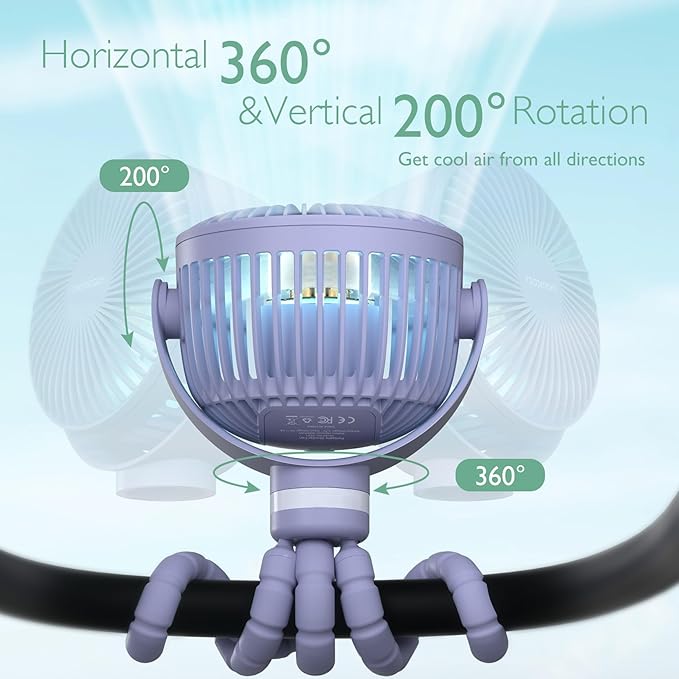 Momcozy Portable Stroller Fan, 8000mAh, 27H Ultra-long Battery Life, Detachable 4 Speed 360°Rotate, LED Night Light with 2 Modes, USB Rechargeable Handheld Cooling Fan for Travel, Car Seat, Bedroom-BubblyBeeBaby
