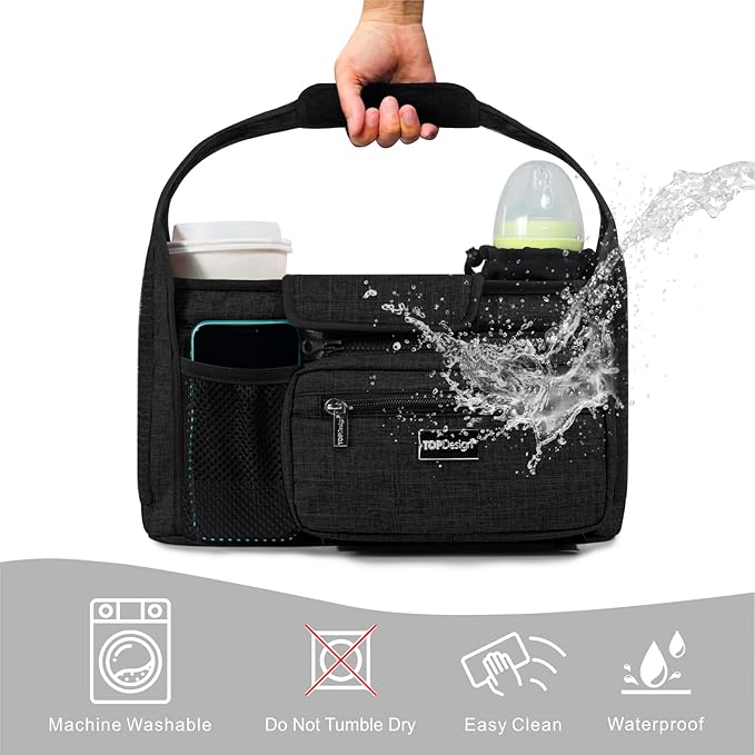 TOPDesign Universal Baby Stroller Organizer, Stroller Caddy with Detachable Mesh Bag & Heightened Insulated Cup Holders & Non-Slip Secure Hooks Accessories, Fits Most Strollers (Cats & Rockets)-BubblyBeeBaby