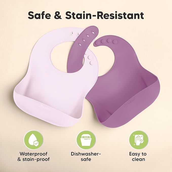 KeaBabies 2-Pack Silicone Baby Bibs for Eating - Sturdy Food-Grade Silicone Bibs for Babies Girl, Boy, Large Food Catcher, Clean & Put On Easily, Waterproof Toddler Feeding Essentials (Amethyst)-BubblyBeeBaby