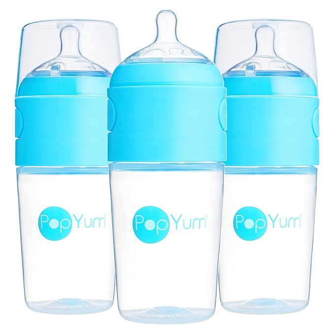 PopYum 9 oz Blue Anti-Colic Formula Making/Mixing/Dispenser Baby Bottles, 3-Pack with #2 Medium Flow Nipples, 260 ml, BPA-Free, Natural Latch-BubblyBeeBaby