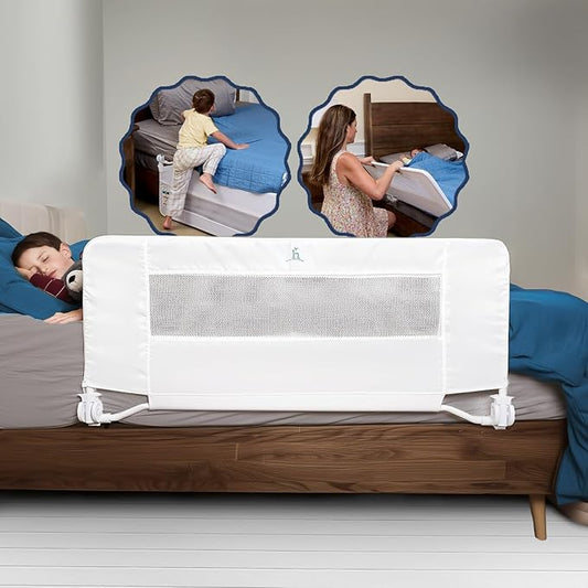 hiccapop 44" x 19" Bed Rail for Toddlers, Heavy-Duty Safety Bed Rail for Twin, Full, Queen Beds, Soft Mesh Cover & Swing-Down Design, Easy No-Tool Installation (White)-BubblyBeeBaby