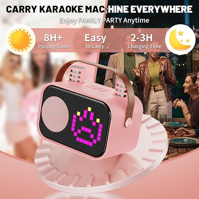 Karaoke Machine for Kids Adults, Portable Bluetooth Karaoke Speaker with 2 Wireless Microphones, Pixel Display Light, Birthday Gifts Toys for Girls & Boys Ages 3, 4, 5, 6, 7, 8, 9,10,11,12+ Years-BubblyBeeBaby