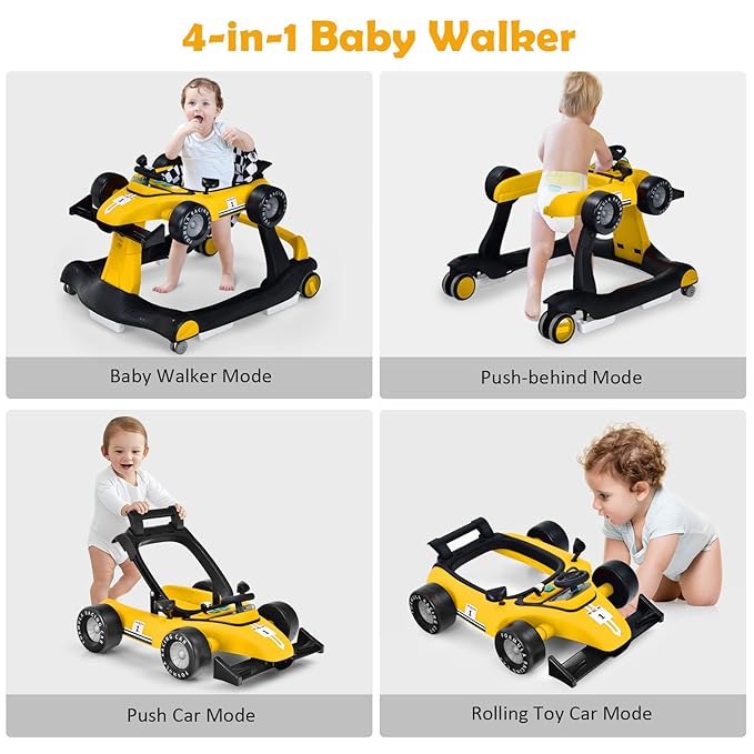 HONEY JOY 4-in-1 Baby Walker, Activity Push Walker w/3 Adjustable Heights, Smooth Wheels w/Adjustable Speed, Padded Seat, Music & Light, Foldable Car Walker for Baby Boys Girls Age 6 Months+ (Yellow)-BubblyBeeBaby