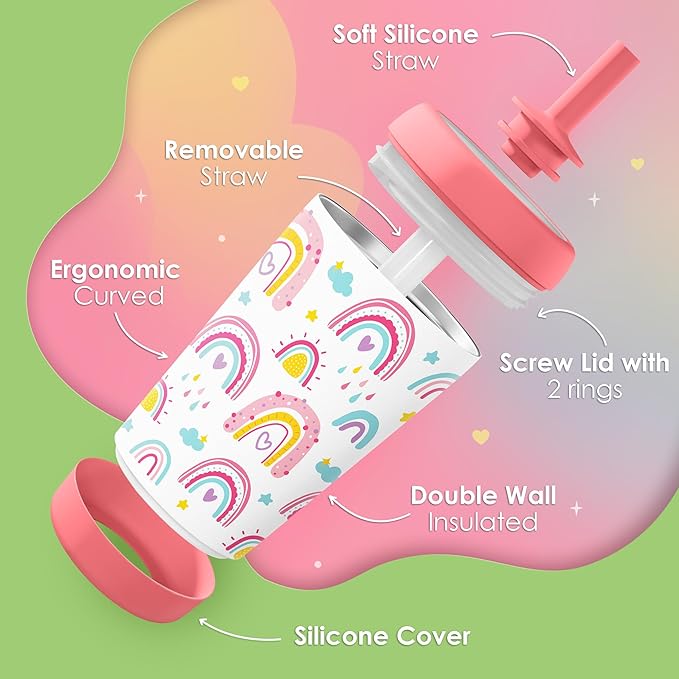 Kid Insulated Stainless Steel Tumbler with Silicone Straw, 12oz Sippy Cup for Kids (Sweet Rainbows)-BubblyBeeBaby