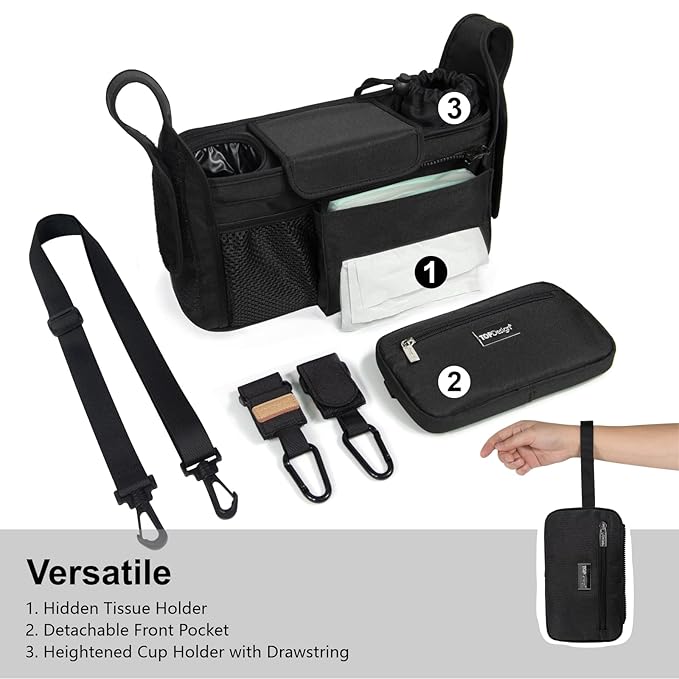 TOPDesign Universal Baby Stroller Organizer, Stroller Caddy with Heightened Insulated Cup Holders & Non-Slip Secure Hooks Accessories, Fits Most Strollers, Machine Washable (Black)-BubblyBeeBaby