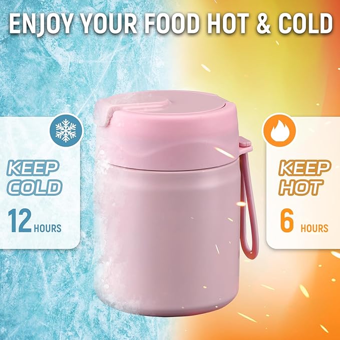 17oz Soup Thermo for Hot Food Kids Insulated Vacuum Food Jar with Stainless Steel Spoon Wide Mouth Thermo Leakproof Lunch Food Container Kids Hot Lunch Box (Pink)-BubblyBeeBaby