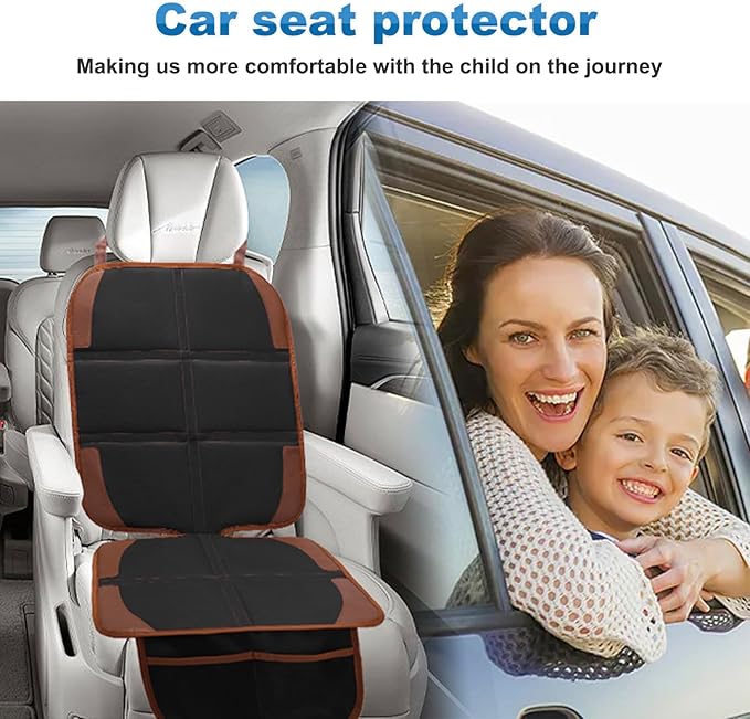 Car Seat Protector for Child, 2 Pack With Mesh Pockets & Non-Slip Backing 600D Durable Under Baby Seat Cover for Back Seat (Dark Brown, Standard)-BubblyBeeBaby