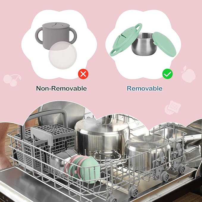 2 Pack Snack Cups for Toddlers Spill Proof - Detachable Stainless Steel Toddler Snack Cups with Silicone Lids & Handles - Dishwasher Safe Baby Snack Containers for Mess-Free Snacking (Green and Pink)-BubblyBeeBaby