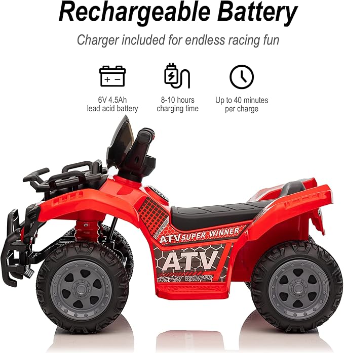 Kids ATV 4 Wheeler, 6V Ride-On Toy for Toddlers Boys & Girls with Music, Forward & Reverse - Red-BubblyBeeBaby