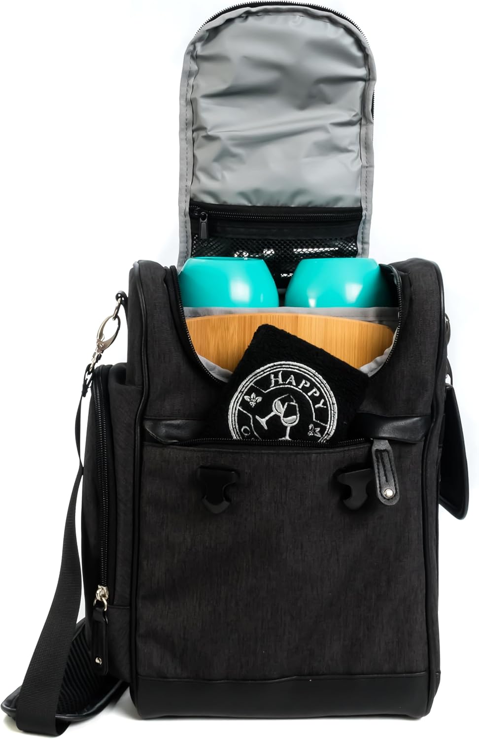 Happy Grapes Wine Tote Bag Set - Insulated Wine Carrier with 2 Stainless Steel Tumblers, Aerator, Charcuterie Board & Knife, Bottle Stoppers, Opener & Wash Cloth - for Picnics Beach Patio Pool Camp t