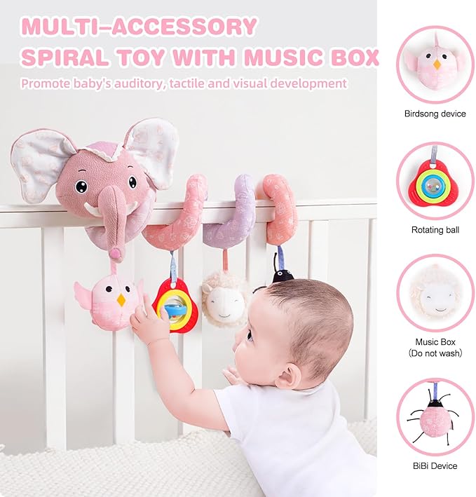 Jollybaby Baby Car Seat Stroller Toys, Plush Activity Hanging Spiral Activity Pram Crib with Music Box, Rattles, Squeaker for Babies Infant Boys Girls(SZ Pink Elephant)-BubblyBeeBaby
